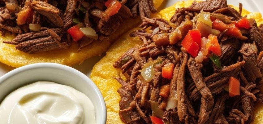 Patacón con carne desmechada