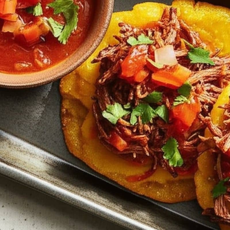 Patacones con Hogao y Carne Desmechada